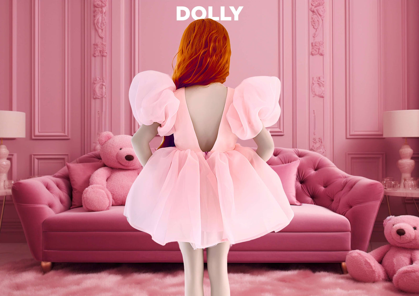 DOLLY WORLD V-BACK PUFF SLEEVE ORGANZA TUTU DRESS dollypink