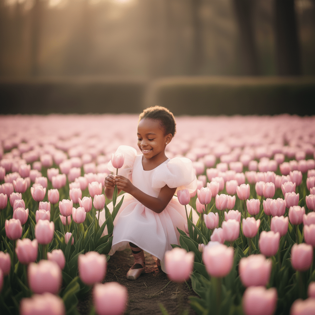 Young girl in a white dress sitting among pink tulips in a field.