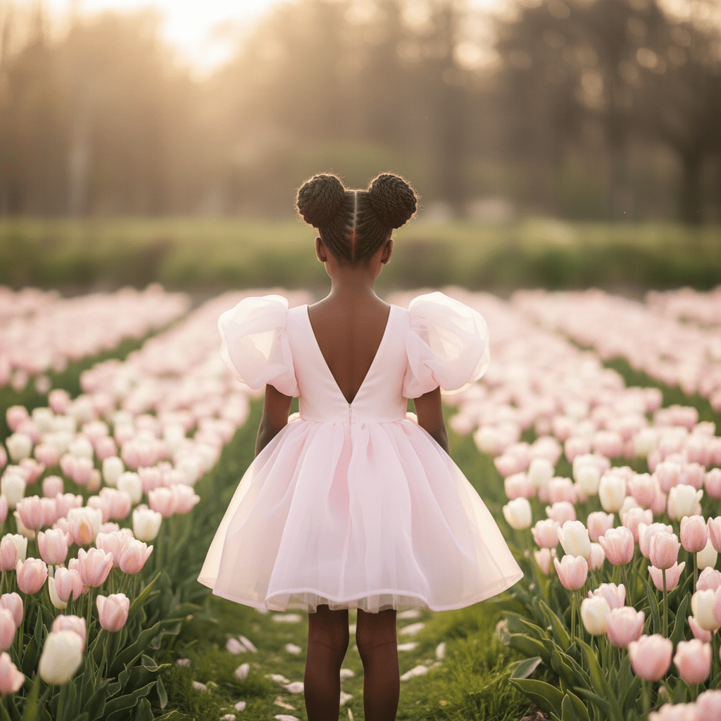 Young girl in a white dress standing in a field of pink tulips with a blurred background