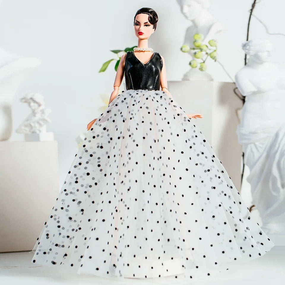 DOLLY® DOLL CLOTHES SET KARL LAGERFELD WITH BLACK WHITE DOTTED TULLE DRESS + NECKLACE + SHOES FOR 12 inch 30 cm 1/6 scale fashion dolls