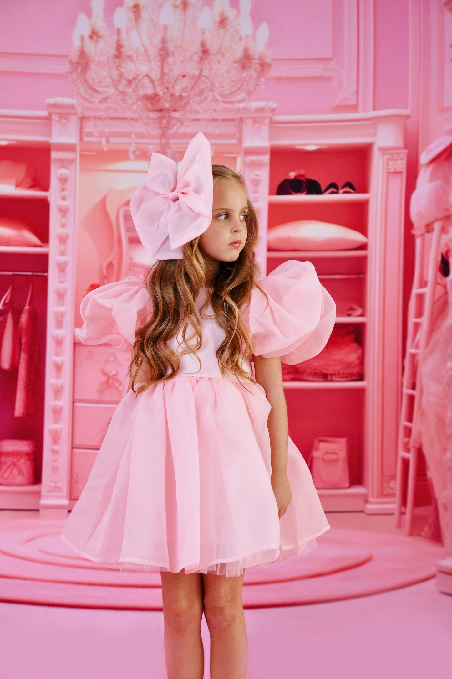 DOLLY WORLD V-BACK PUFF SLEEVE ORGANZA TUTU DRESS dollypink