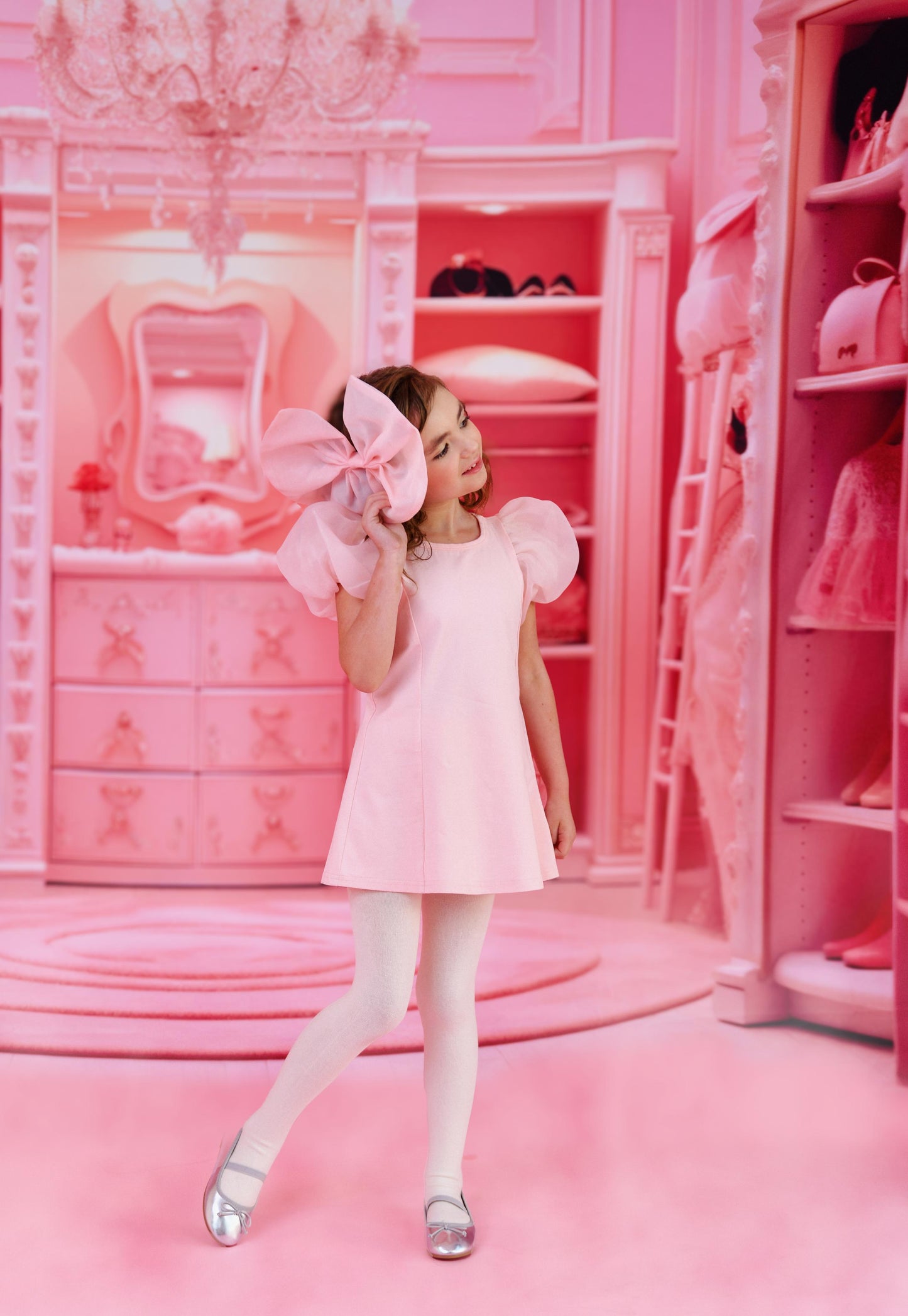 DOLLY WORLD SHORT PUFF SLEEVE ORGANZA DRESS WITH COTTON BODY dollypink