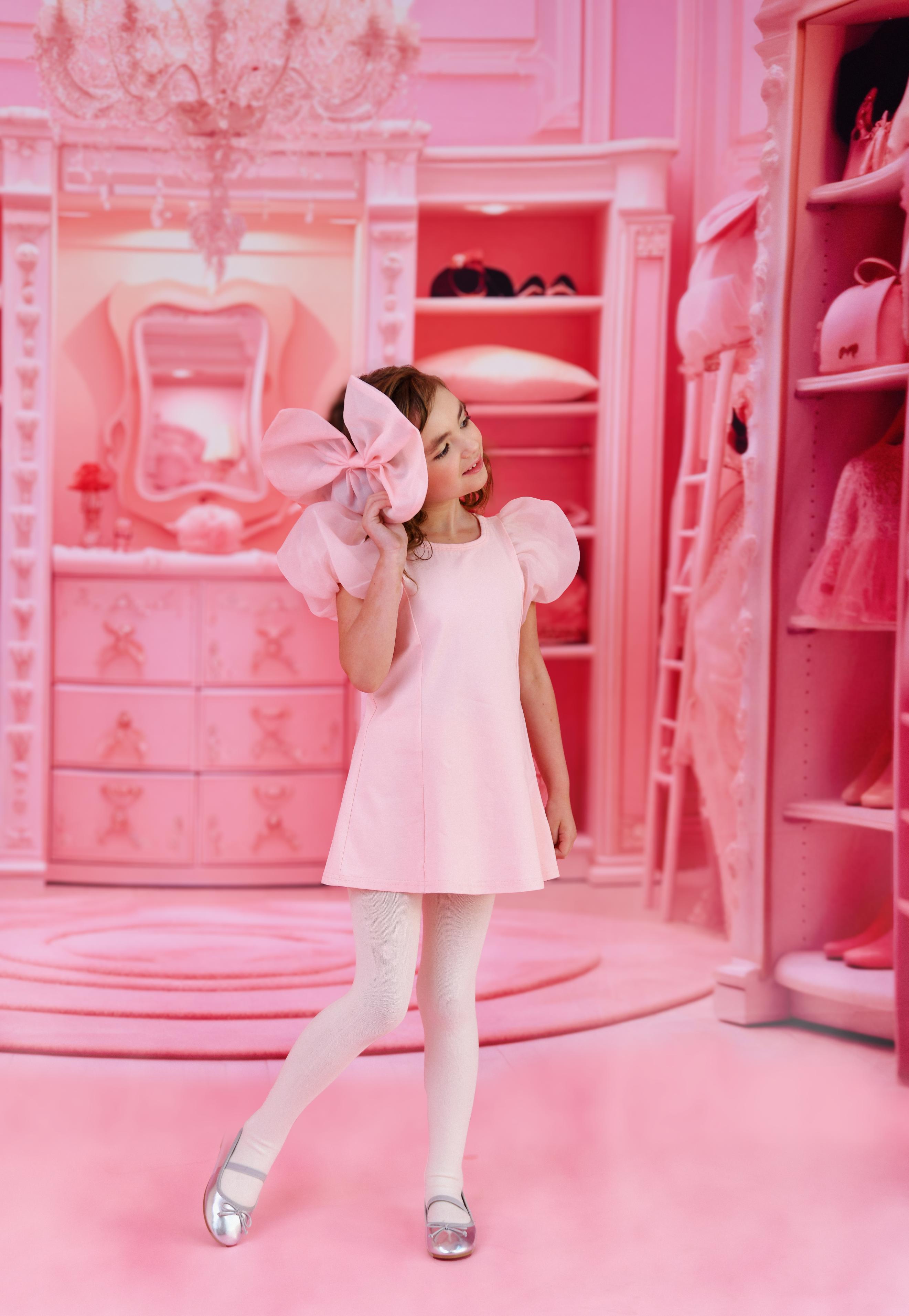 DOLLY WORLD SHORT PUFF SLEEVE ORGANZA DRESS WITH COTTON BODY dollypink
