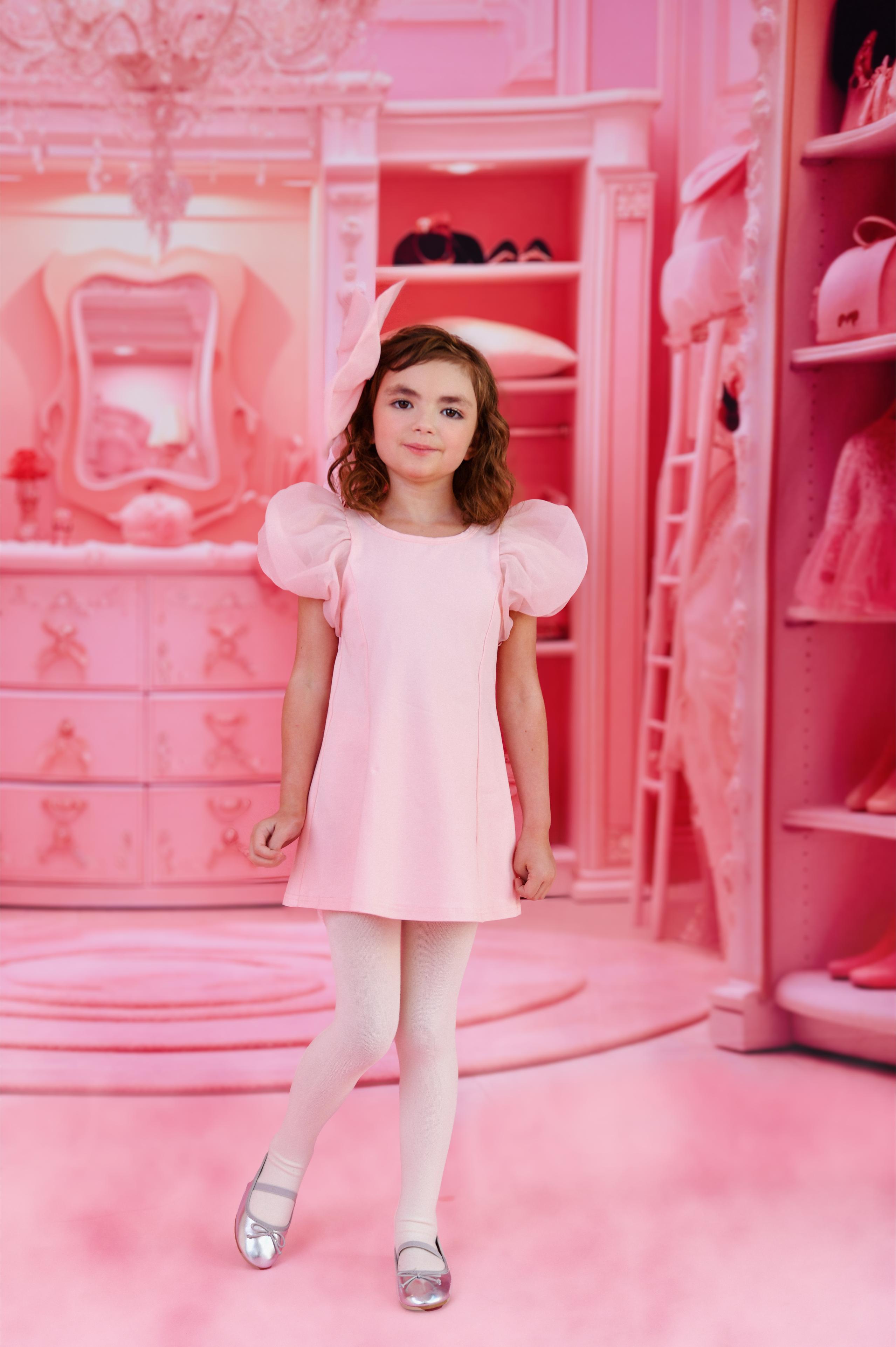 DOLLY WORLD SHORT PUFF SLEEVE ORGANZA DRESS WITH COTTON BODY dollypink