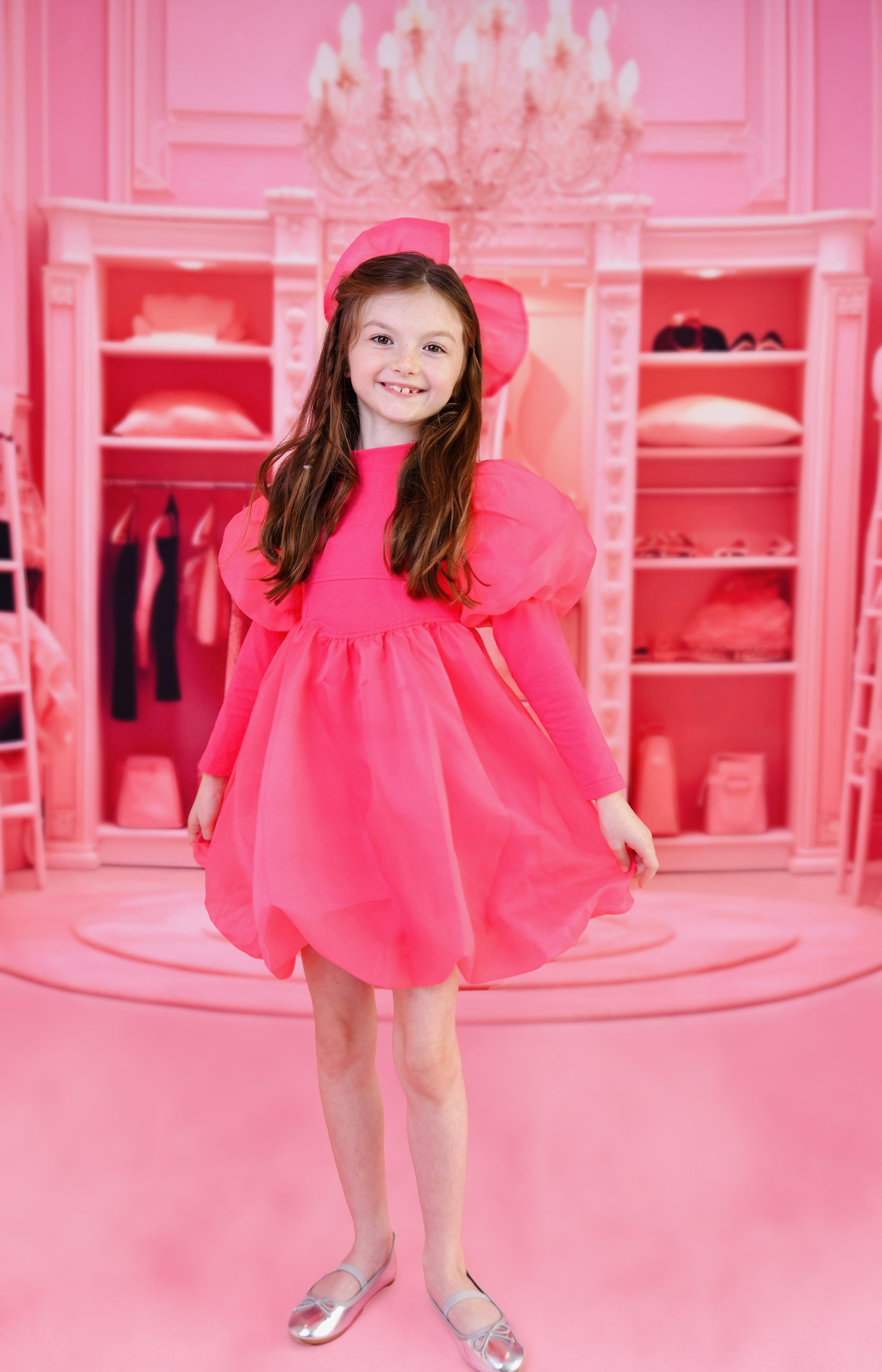 DOLLY WORLD PUFF LONG SLEEVE BALLOON ORGANZA DRESS WITH COTTON BODY barbiepink