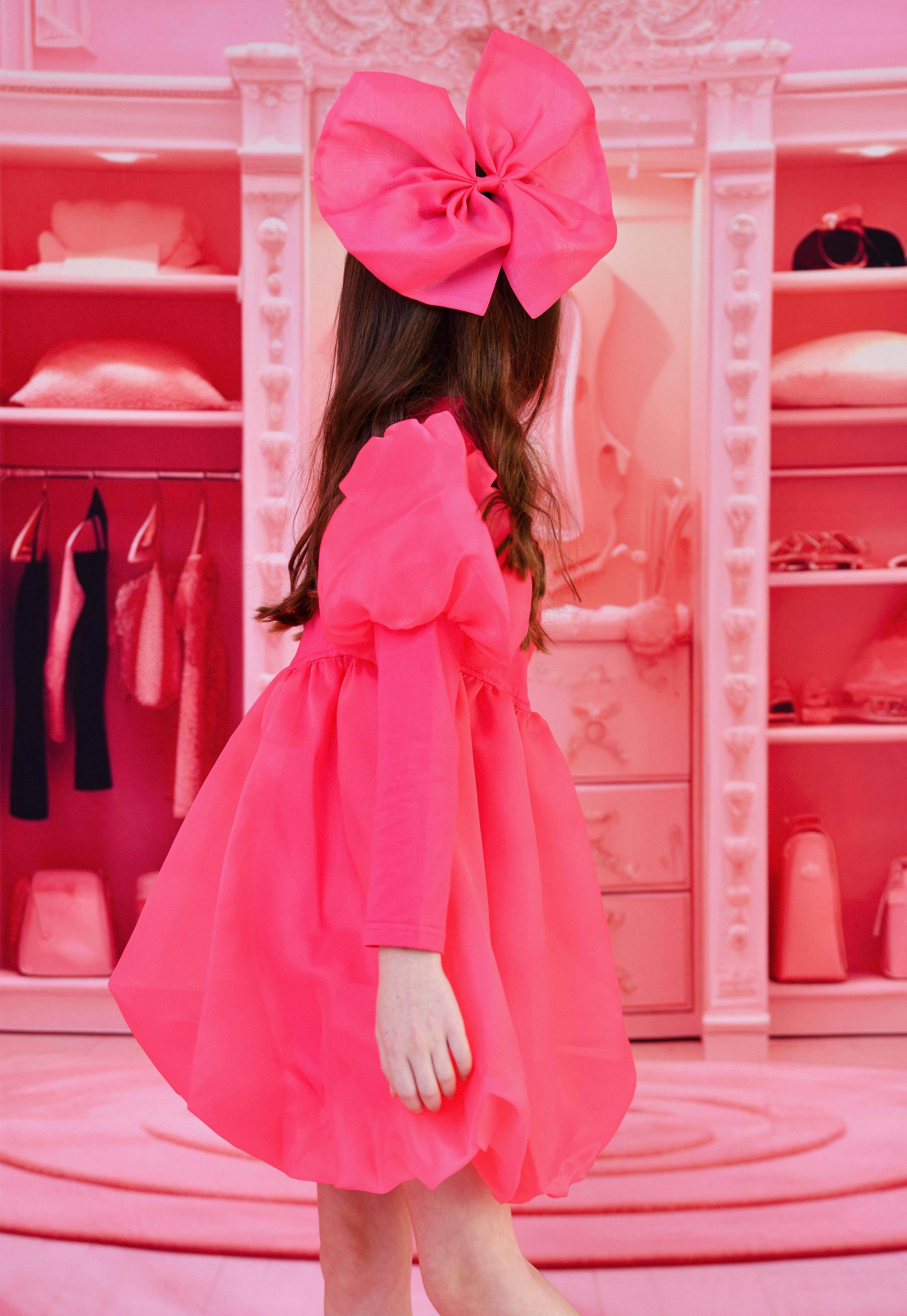 DOLLY WORLD PUFF LONG SLEEVE BALLOON ORGANZA DRESS WITH COTTON BODY barbiepink