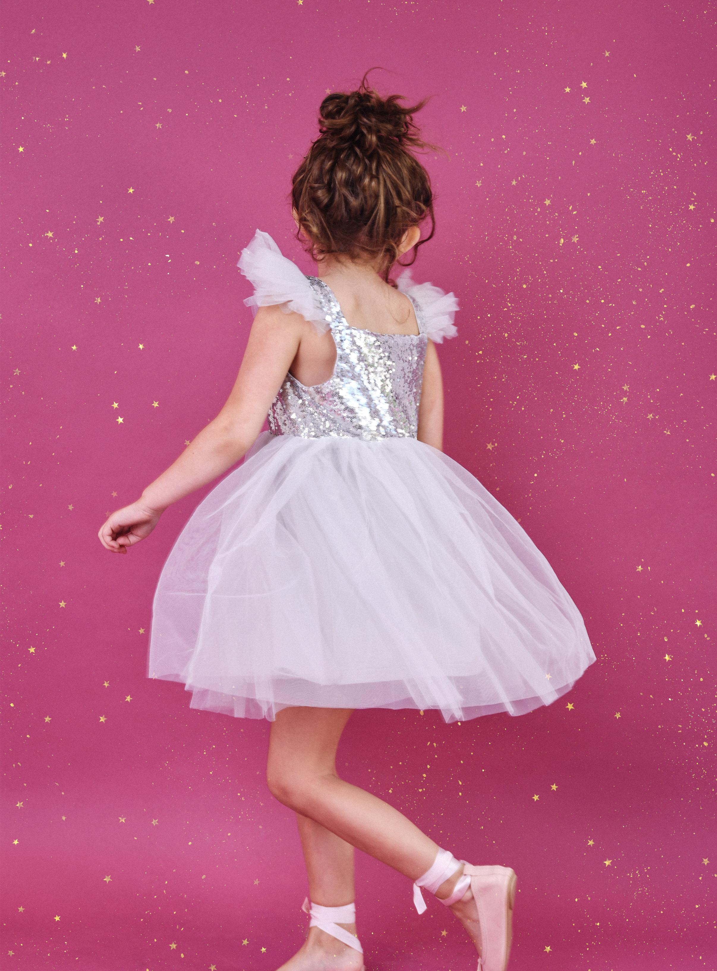 DOLLY UNIVERSE SEQUIN GLITTER GALAXY TUTU DRESS silver grey