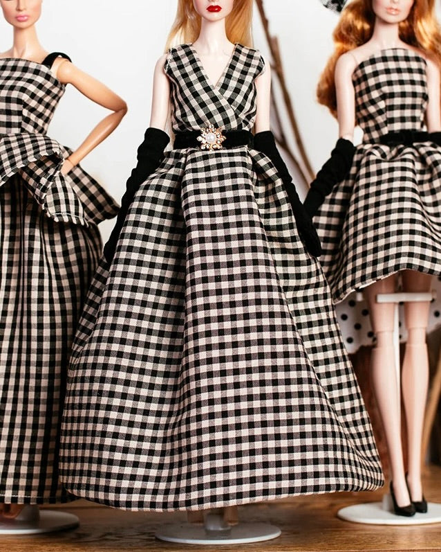DOLLY® DOLL BARBIE CLOTHES SET GUCCI BLACK WHITE CHECKERED LONG DRESS + GLOVES + SHOES FOR 12 inch 30 cm 1/6 scale fashion dolls
