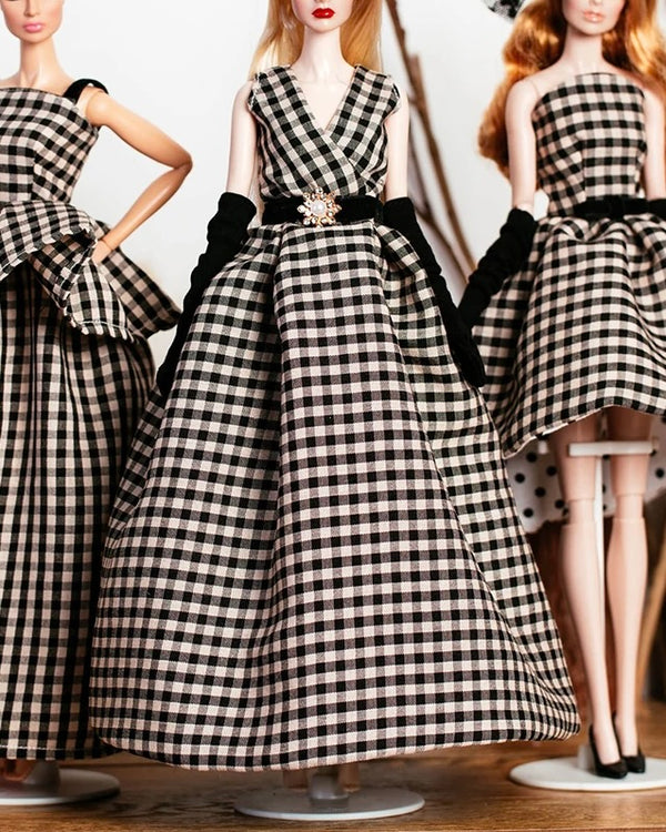 DOLLY® DOLL CLOTHES SET GUCCI BLACK WHITE CHECKERED LONG DRESS + GLOVES + SHOES FOR 12 inch 30 cm 1/6 scale fashion dolls