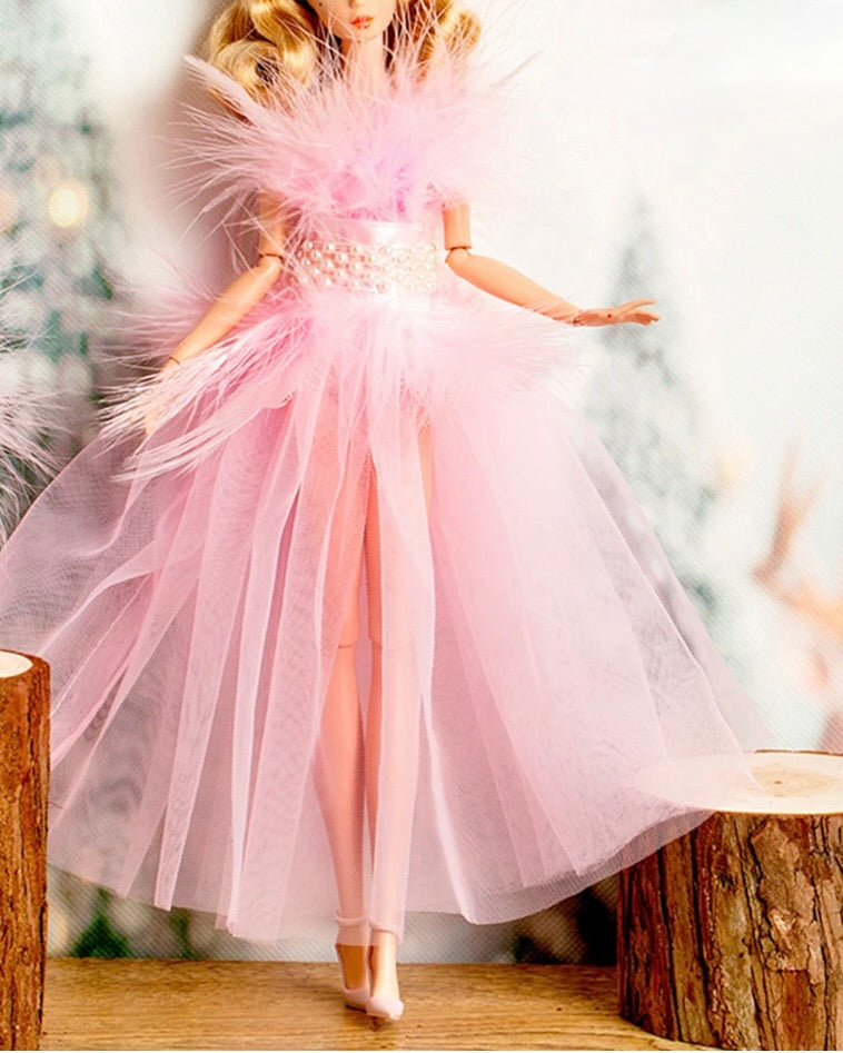 DOLLY® DOLL CLOTHES PINK FEATHER SHOWBIZ TULLE DRESS WITH PEARL BELT + SHOES FOR 12 inch 30 cm 1/6 scale fashion dolls