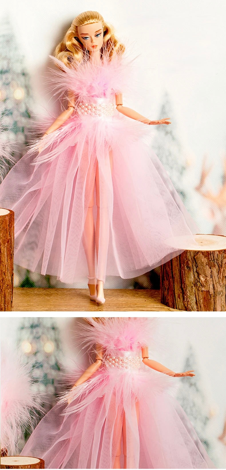 DOLLY® DOLL CLOTHES PINK FEATHER SHOWBIZ TULLE DRESS WITH PEARL BELT + SHOES FOR 12 inch 30 cm 1/6 scale fashion dolls