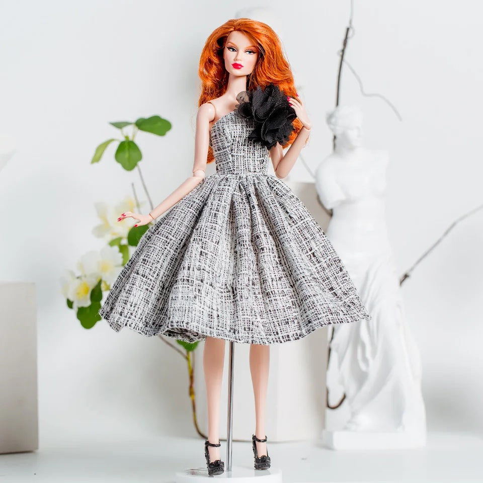 DOLLY® DOLL BARBIE CLOTHES SET COCO CHANEL BLACK WHITE TWEED DRESS + SHOES FOR 12 inch 30 cm 1/6 scale fashion dolls