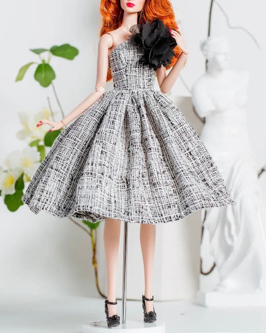 DOLLY® DOLL CLOTHES SET COCO CHANEL BLACK WHITE TWEED DRESS + SHOES FOR 12 inch 30 cm 1/6 scale fashion dolls