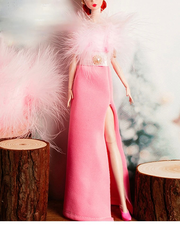 DOLLY® DOLL CLOTHES PINK FEATHER SHOWBIZ SPLIT DRESS + SHOES FOR 12 inch 30 cm 1/6 scale fashion dolls