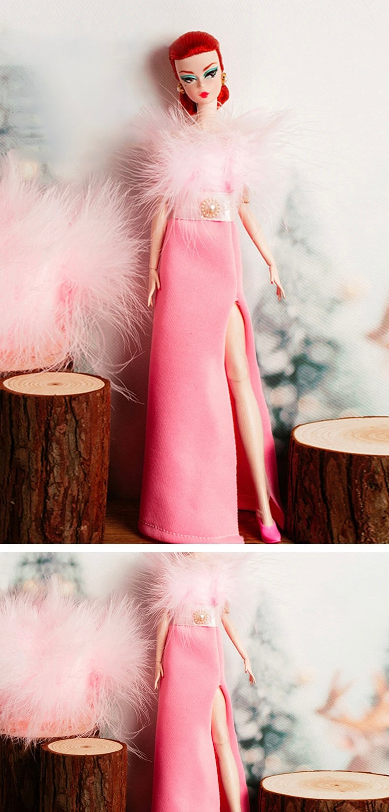 DOLLY® DOLL CLOTHES PINK FEATHER SHOWBIZ SPLIT DRESS + SHOES FOR 12 inch 30 cm 1/6 scale fashion dolls