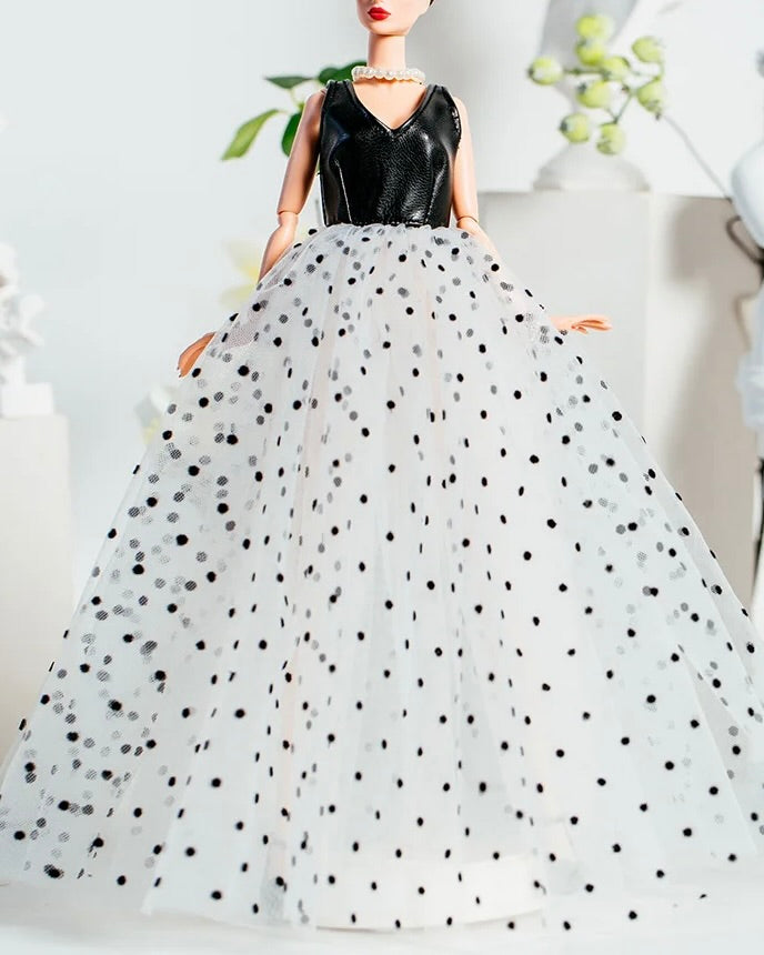 DOLLY® DOLL CLOTHES SET KARL LAGERFELD WITH BLACK WHITE DOTTED TULLE DRESS + NECKLACE + SHOES FOR 12 inch 30 cm 1/6 scale fashion dolls