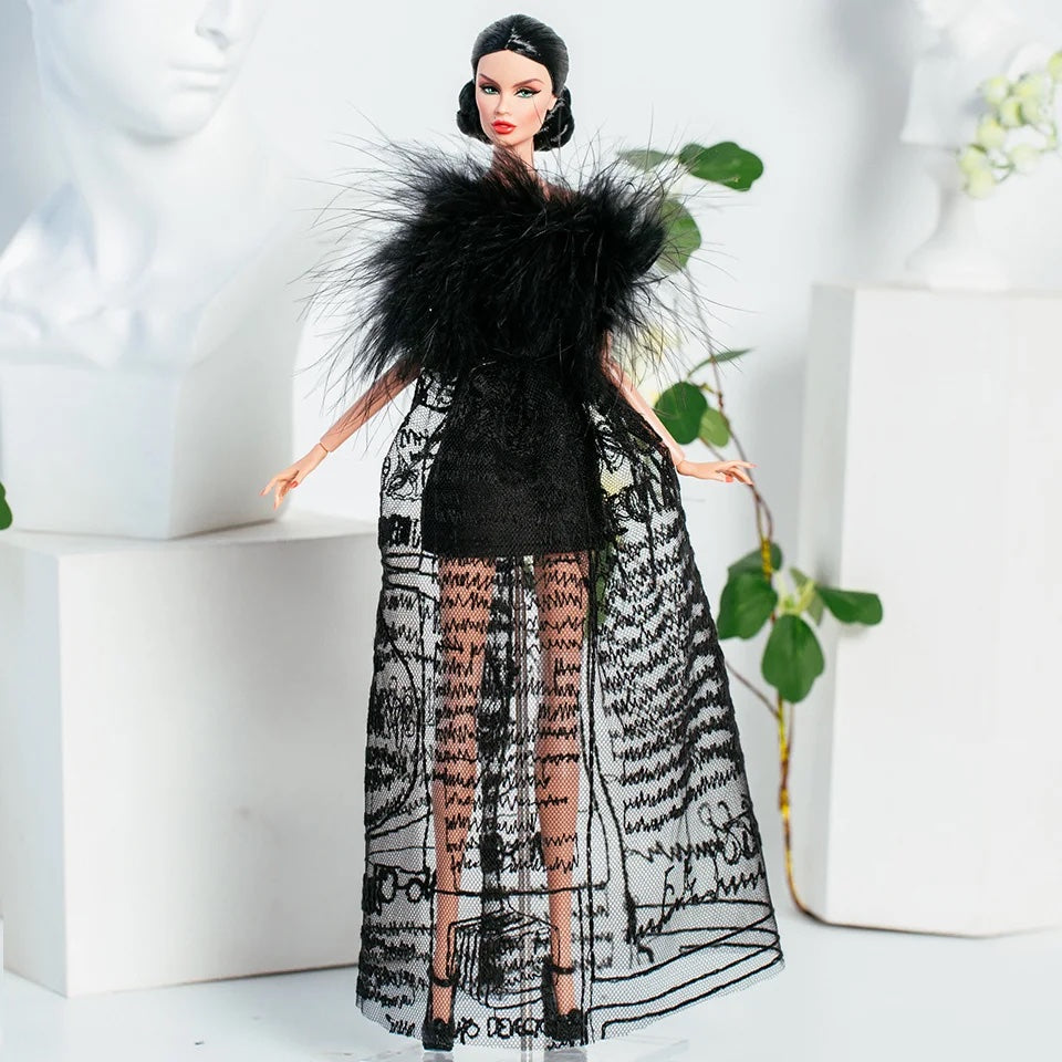 DOLLY® DOLL CLOTHES SET KARL LAGERFELD BLACK TULLE TEXT DRESS WITH FEATHERS + SHOES FOR 12 inch 30 cm 1/6 scale fashion dolls