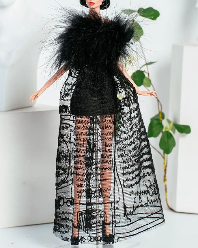 DOLLY® DOLL BARBIE CLOTHES SET KARL LAGERFELD BLACK TULLE TEXT DRESS WITH FEATHERS + SHOES FOR 12 inch 30 cm 1/6 scale fashion dolls