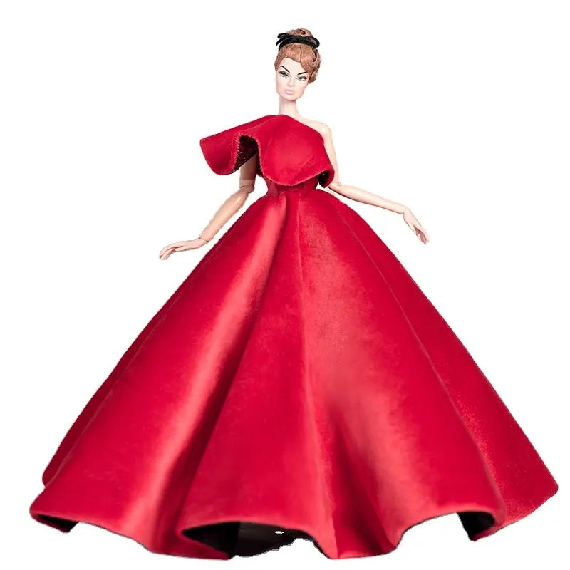 DOLLY® DOLL CLOTHES RED CARPET VELVET COLD SHOULDER GOWN DRESS + SHOES FOR 12 inch 30 cm 1/6 scale fashion dolls