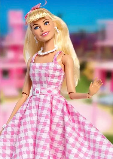 DOLLY® DOLL BARBIE CLOTHES SET BARBIE MOVIE PINK CHECKERED DRESS WITH BOW + SHOES FOR 12 inch 30 cm 1/6 scale fashion dolls