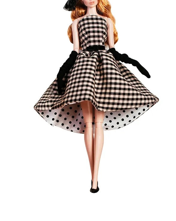 DOLLY® DOLL CLOTHES SET GUCCI BLACK WHITE CHECKERED SHORT DRESS + HEELS FOR 12 inch 30 cm 1/6 scale fashion dolls