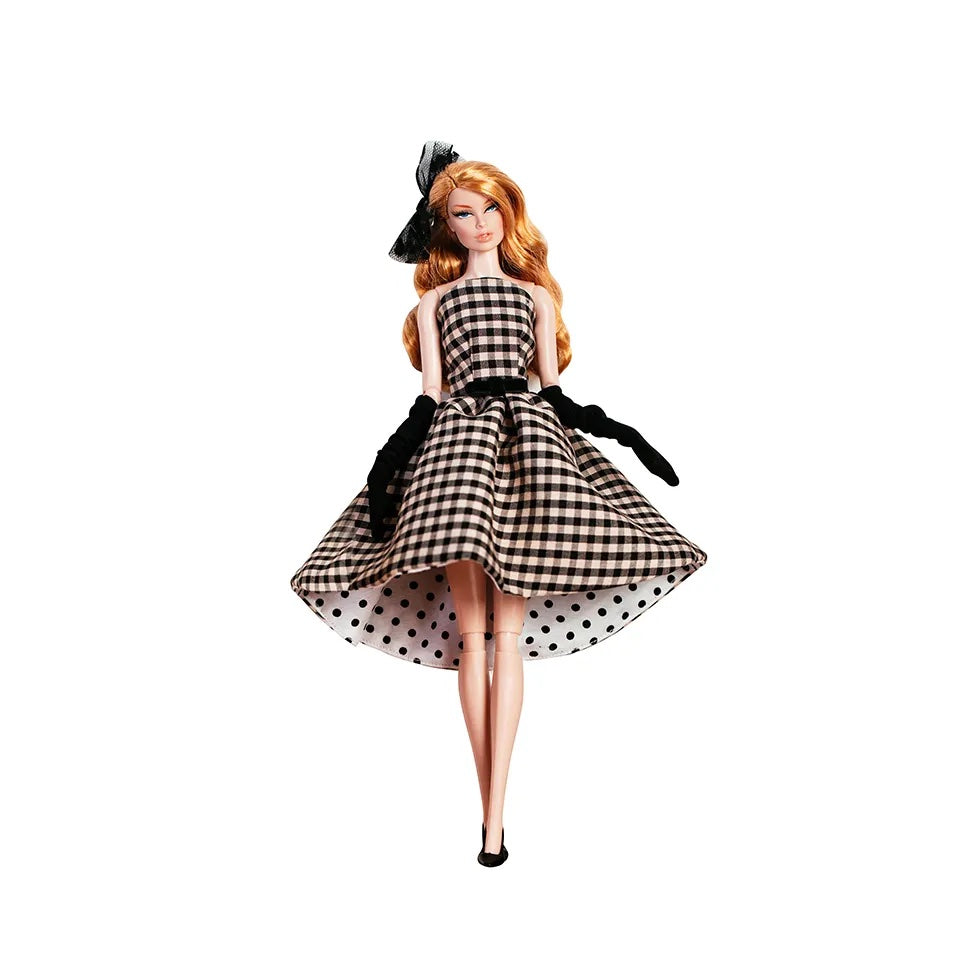 DOLLY® DOLL CLOTHES SET GUCCI BLACK WHITE CHECKERED SHORT DRESS + HEELS FOR 12 inch 30 cm 1/6 scale fashion dolls