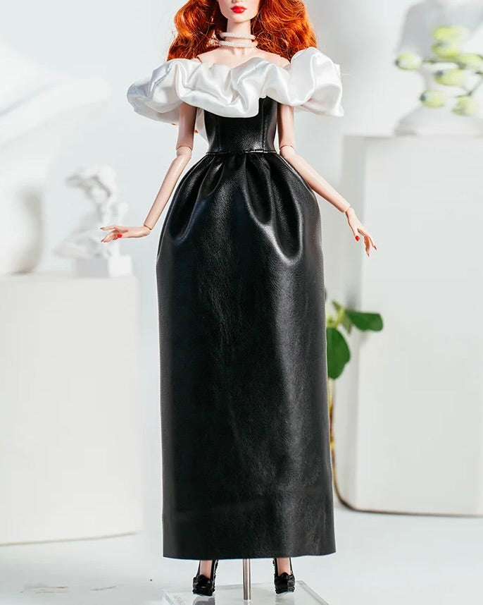 DOLLY® DOLL BARBIE CLOTHES SET KARL LAGERFELD WITH BLACK LONG LEATHER DRESS + SHOES FOR 12 inch 30 cm 1/6 scale fashion dolls