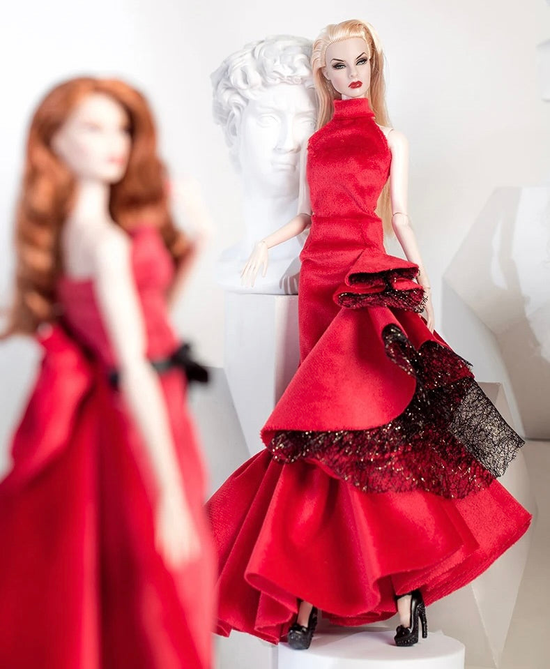 DOLLY® DOLL BARBIE CLOTHES RED CARPET VELVET SPANISH DRESS WITH BLACK LACE + SHOES FOR 12 inch 30 cm 1/6 scale fashion dolls