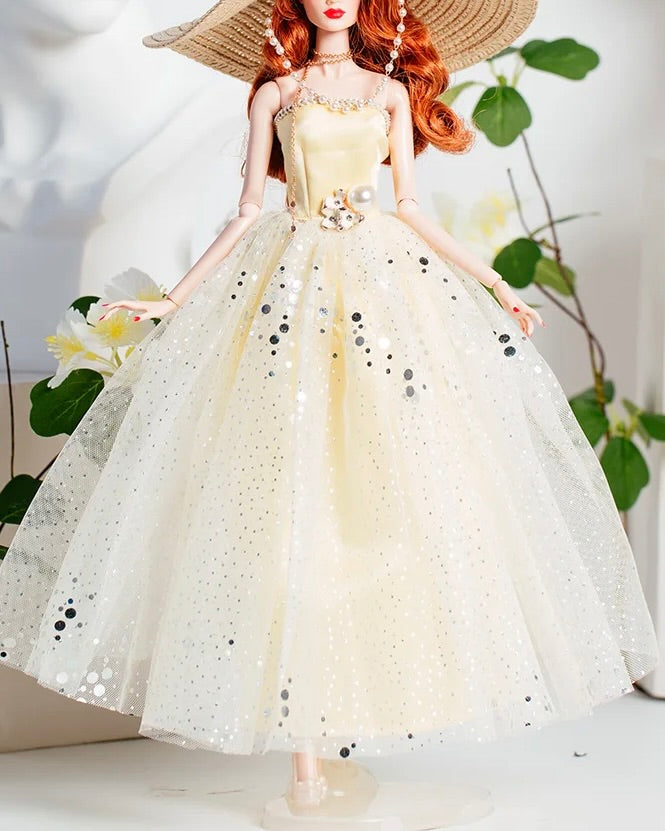 DOLLY® DOLL BARBIE CLOTHES SET DIOR WITH CREAM DRESS + STRAW HAT + HEELS FOR 12 inch 30 cm 1/6 scale fashion dolls