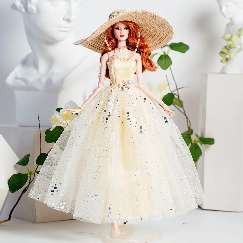 DOLLY® DOLL CLOTHES SET DIOR WITH CREAM DRESS + STRAW HAT + HEELS FOR 12 inch 30 cm 1/6 scale fashion dolls