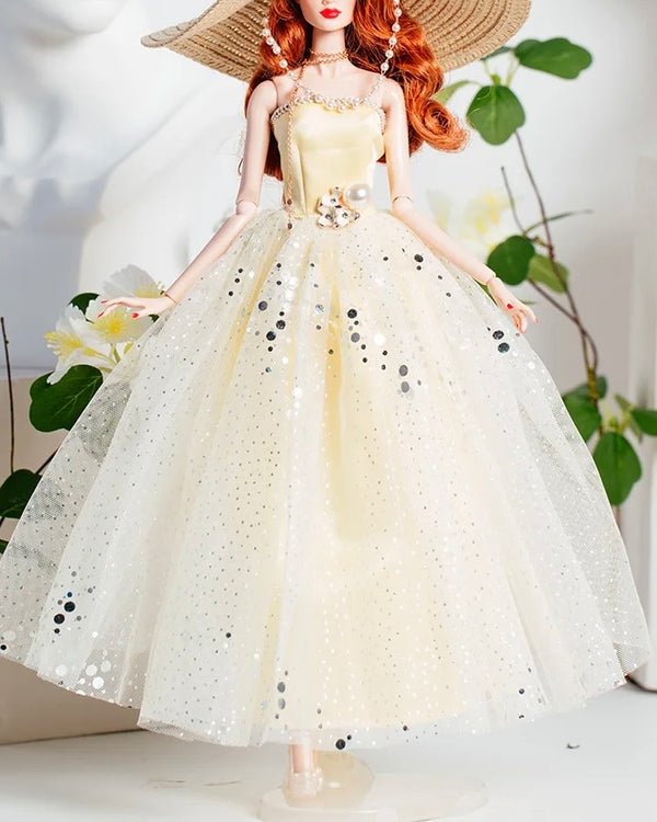 DOLLY® DOLL CLOTHES SET DIOR WITH CREAM DRESS + STRAW HAT + HEELS FOR 12 inch 30 cm 1/6 scale fashion dolls