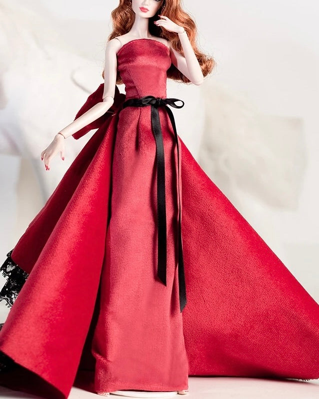 DOLLY® DOLL BARBIE CLOTHES RED CARPET VELVET TRAIN DRESS + SHOES FOR 12 inch 30 cm 1/6 scale fashion dolls