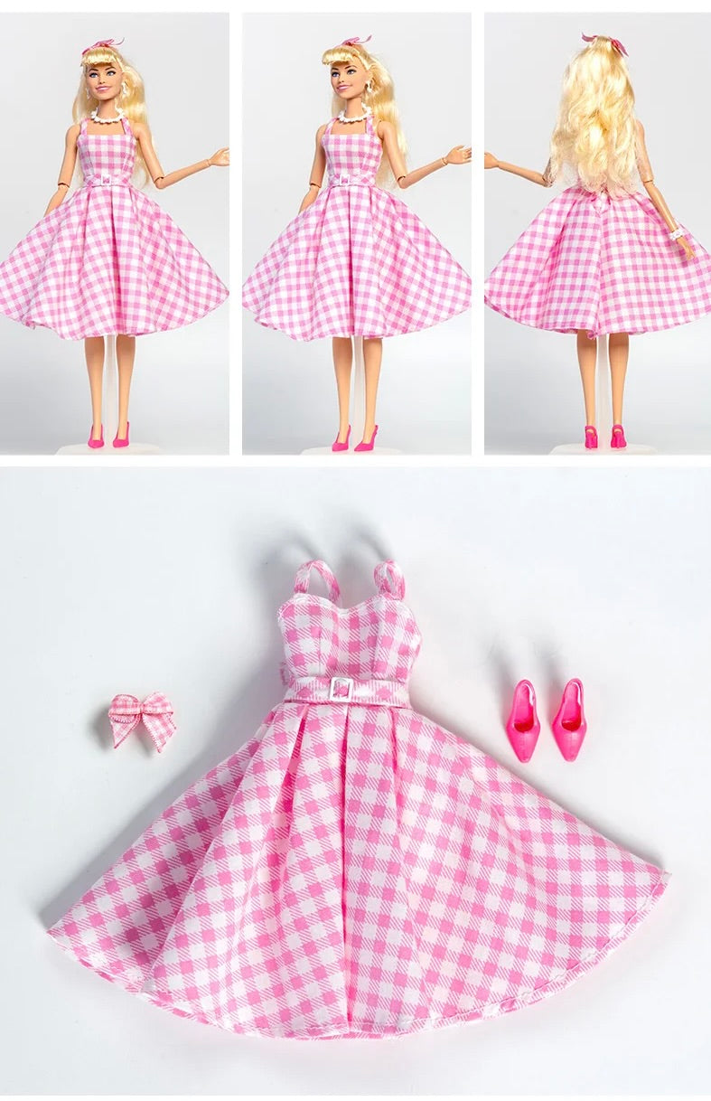DOLLY® DOLL CLOTHES SET BARBIE MOVIE PINK CHECKERED DRESS WITH BOW + SHOES FOR 12 inch 30 cm 1/6 scale fashion dolls