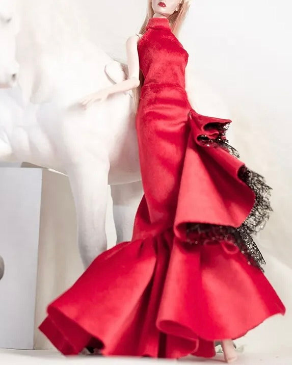 DOLLY® DOLL BARBIE CLOTHES RED CARPET VELVET SPANISH DRESS WITH BLACK LACE + SHOES FOR 12 inch 30 cm 1/6 scale fashion dolls