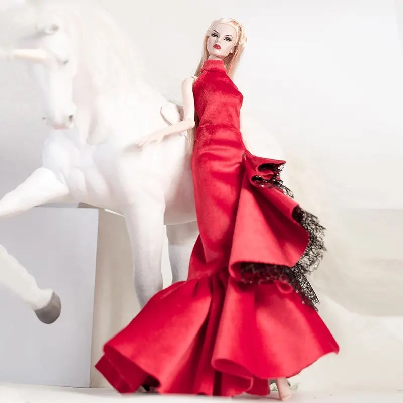 DOLLY® DOLL BARBIE CLOTHES RED CARPET VELVET SPANISH DRESS WITH BLACK LACE + SHOES FOR 12 inch 30 cm 1/6 scale fashion dolls