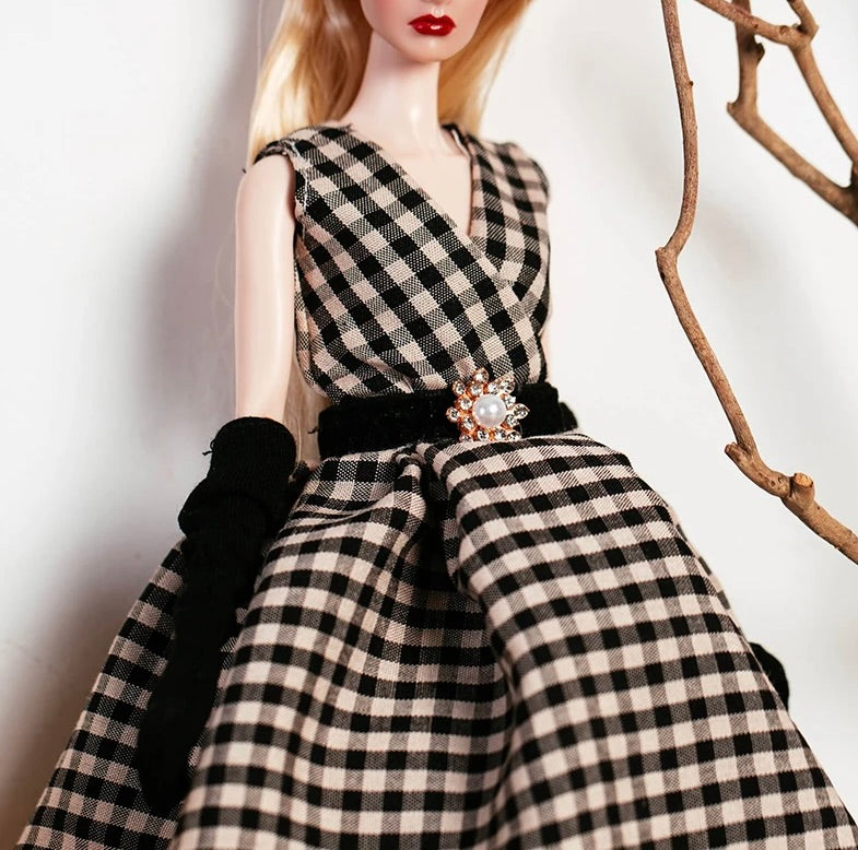 DOLLY® DOLL BARBIE CLOTHES SET GUCCI BLACK WHITE CHECKERED LONG DRESS + GLOVES + SHOES FOR 12 inch 30 cm 1/6 scale fashion dolls