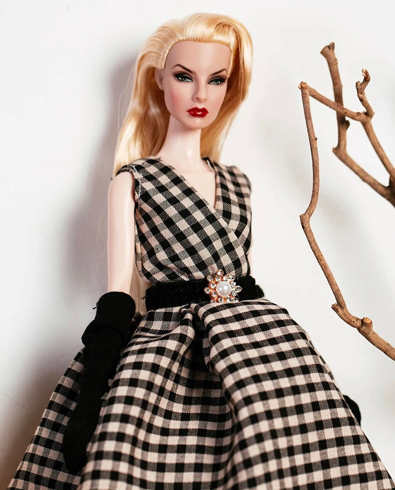 DOLLY® DOLL BARBIE CLOTHES SET GUCCI BLACK WHITE CHECKERED LONG DRESS + GLOVES + SHOES FOR 12 inch 30 cm 1/6 scale fashion dolls