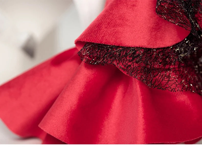 DOLLY® DOLL BARBIE CLOTHES RED CARPET VELVET SPANISH DRESS WITH BLACK LACE + SHOES FOR 12 inch 30 cm 1/6 scale fashion dolls