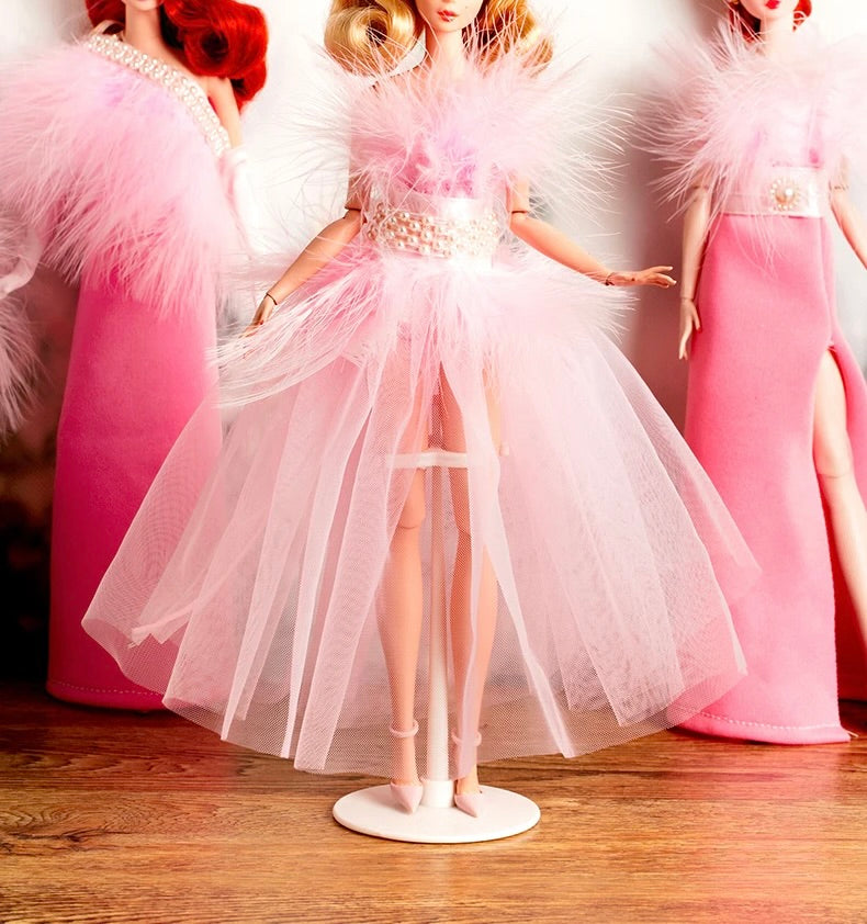 DOLLY® DOLL CLOTHES PINK FEATHER SHOWBIZ TULLE DRESS WITH PEARL BELT + SHOES FOR 12 inch 30 cm 1/6 scale fashion dolls