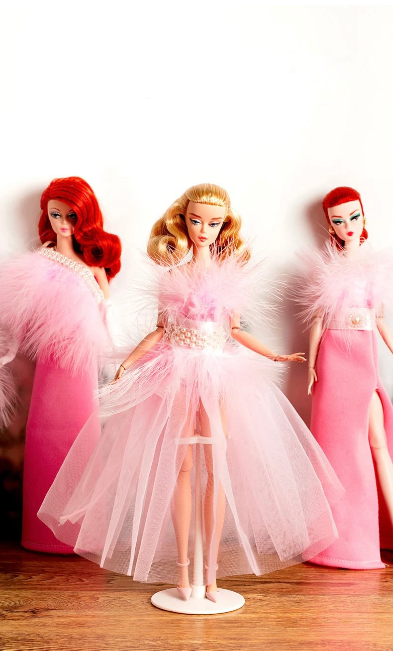 DOLLY® DOLL BARBIE CLOTHES PINK FEATHER SHOWBIZ SPLIT DRESS + SHOES FOR 12 inch 30 cm 1/6 scale fashion dolls