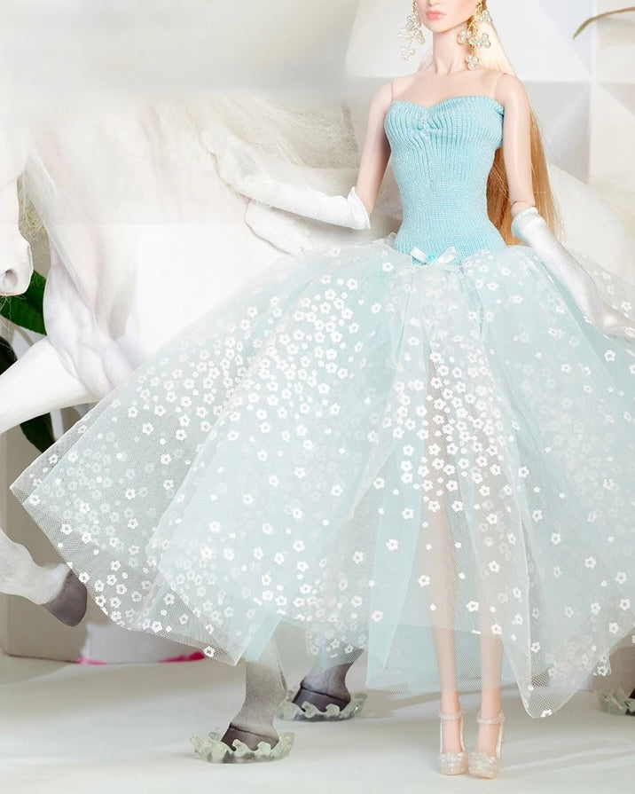 DOLLY® DOLL BARBIE CLOTHES SET DIOR WITH LIGHT BLUE DRESS + GLOVES + SHOES FOR 12 inch 30 cm 1/6 scale fashion dolls