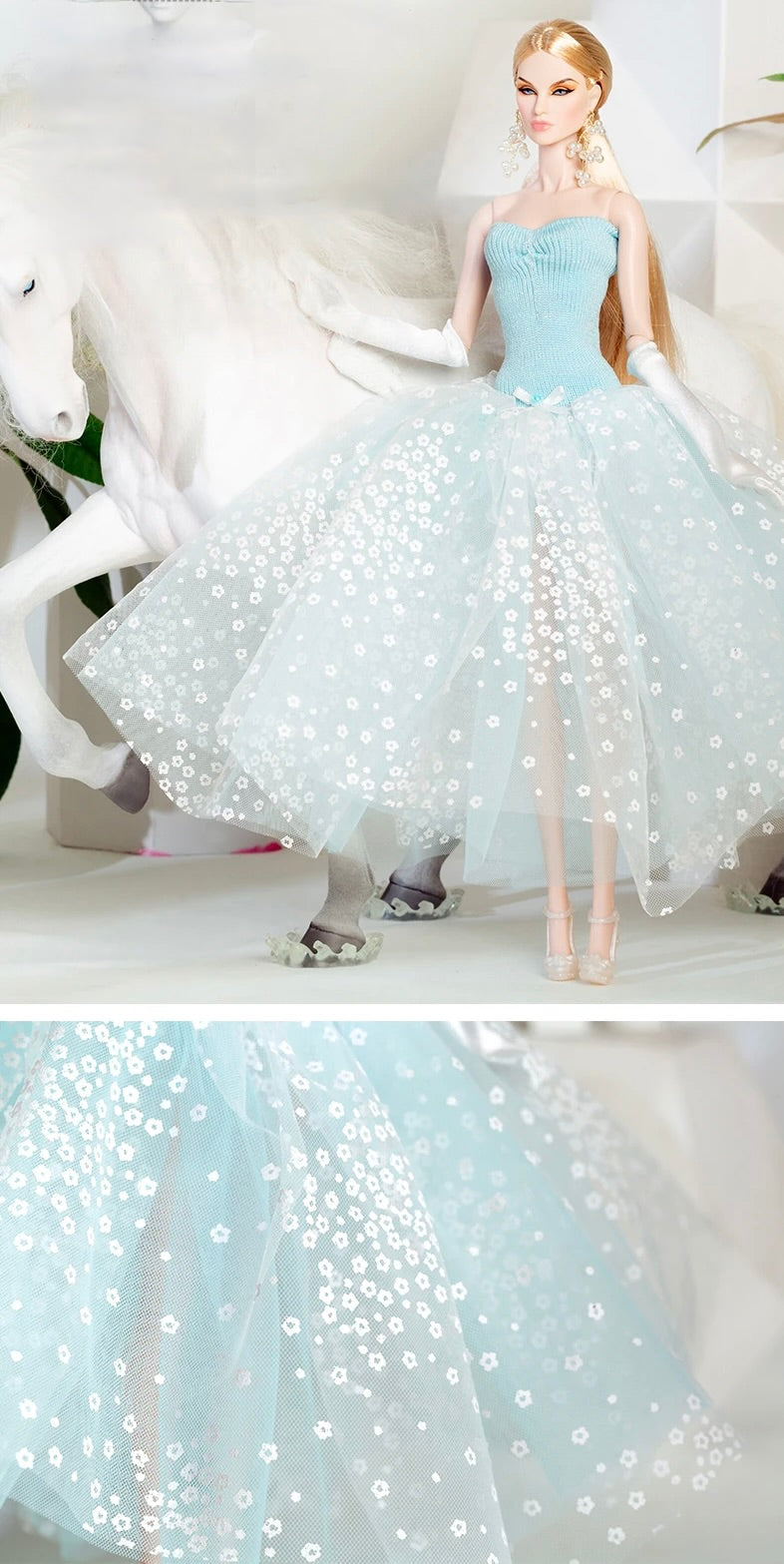 DOLLY® DOLL BARBIE CLOTHES SET DIOR WITH LIGHT BLUE DRESS + GLOVES + SHOES FOR 12 inch 30 cm 1/6 scale fashion dolls
