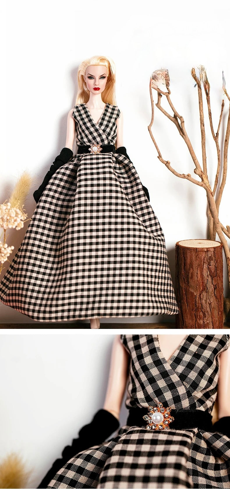 DOLLY® DOLL BARBIE CLOTHES SET GUCCI BLACK WHITE CHECKERED LONG DRESS + GLOVES + SHOES FOR 12 inch 30 cm 1/6 scale fashion dolls