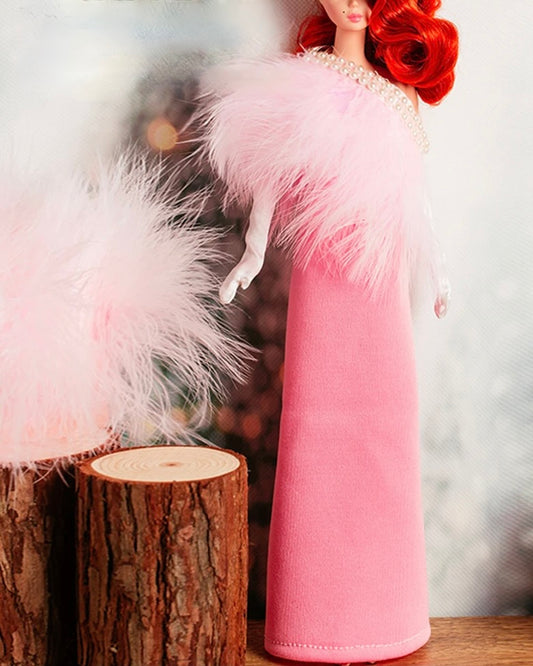 DOLLY® DOLL CLOTHES PINK FEATHER SHOWBIZ TUBE DRESS WITH PEARL TRIM FOR 12 inch 30 cm 1/6 scale fashion dolls