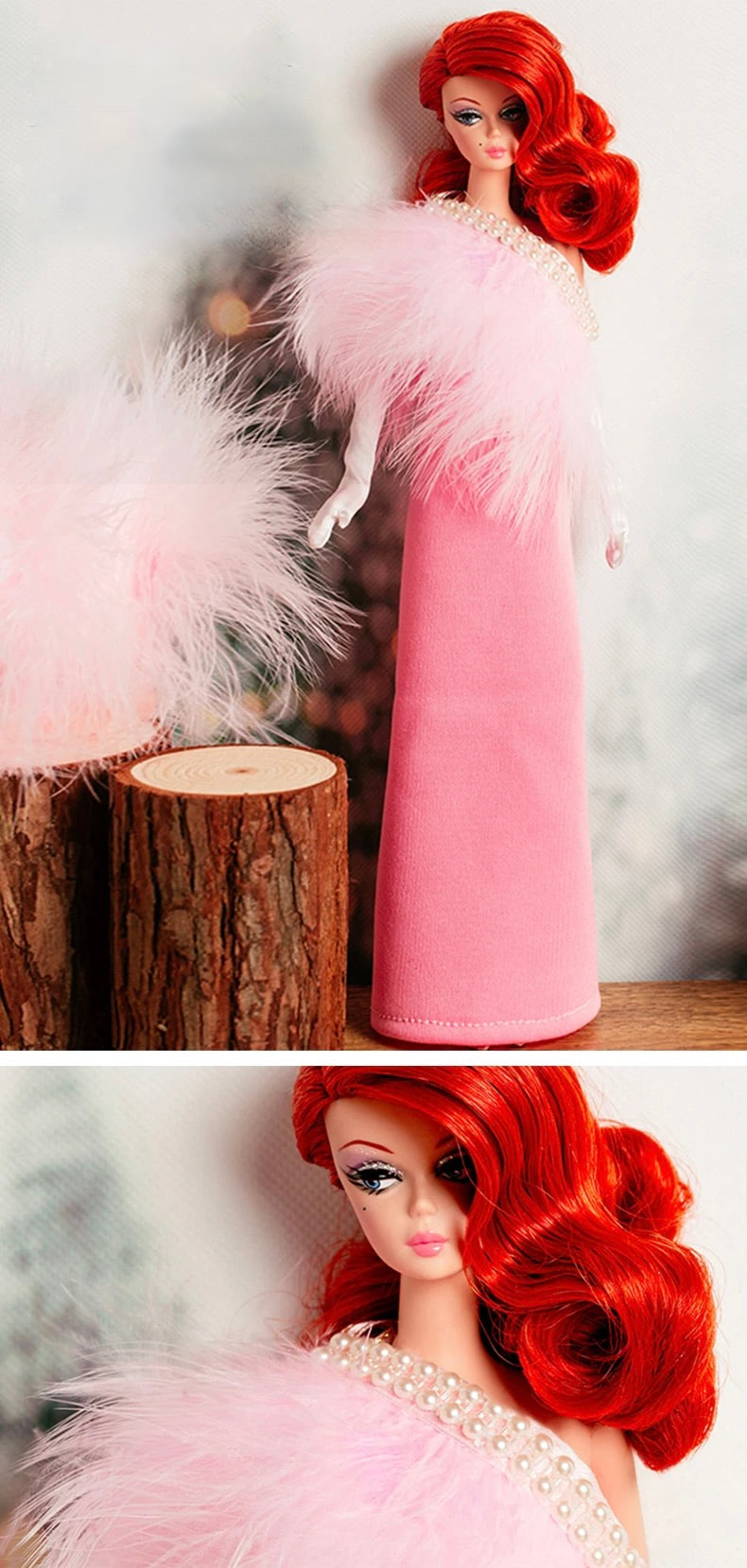 DOLLY® DOLL CLOTHES PINK FEATHER SHOWBIZ TUBE DRESS WITH PEARL TRIM FOR 12 inch 30 cm 1/6 scale fashion dolls
