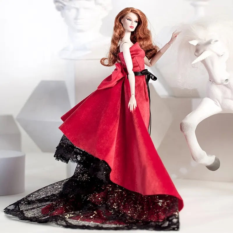 DOLLY® DOLL BARBIE CLOTHES RED CARPET VELVET TRAIN DRESS + SHOES FOR 12 inch 30 cm 1/6 scale fashion dolls
