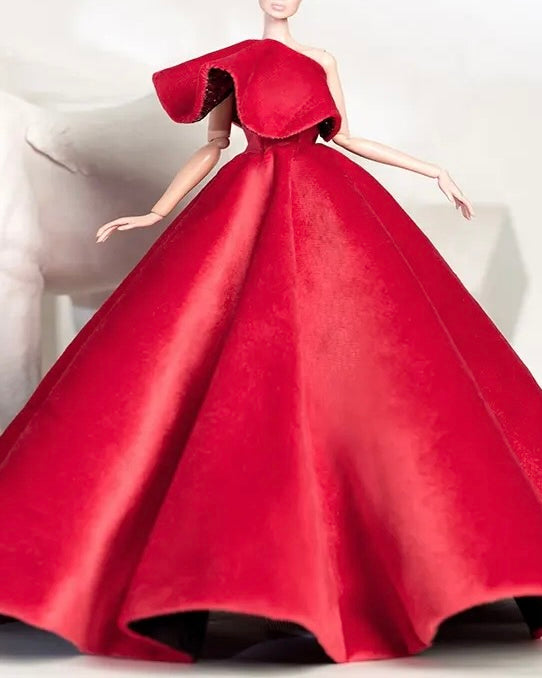 DOLLY® DOLL CLOTHES RED CARPET VELVET COLD SHOULDER GOWN DRESS + SHOES FOR 12 inch 30 cm 1/6 scale fashion dolls