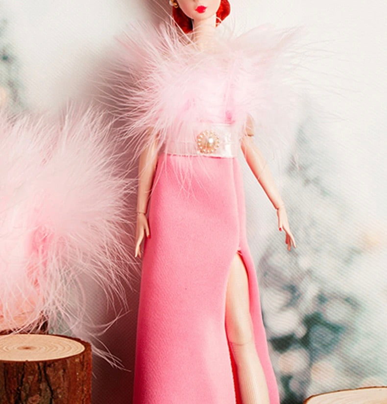 DOLLY® DOLL CLOTHES PINK FEATHER SHOWBIZ SPLIT DRESS + SHOES FOR 12 inch 30 cm 1/6 scale fashion dolls