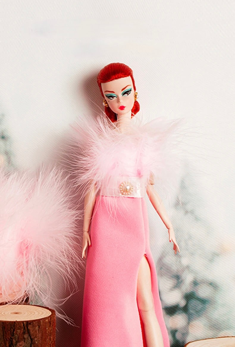 DOLLY® DOLL CLOTHES PINK FEATHER SHOWBIZ SPLIT DRESS + SHOES FOR 12 inch 30 cm 1/6 scale fashion dolls