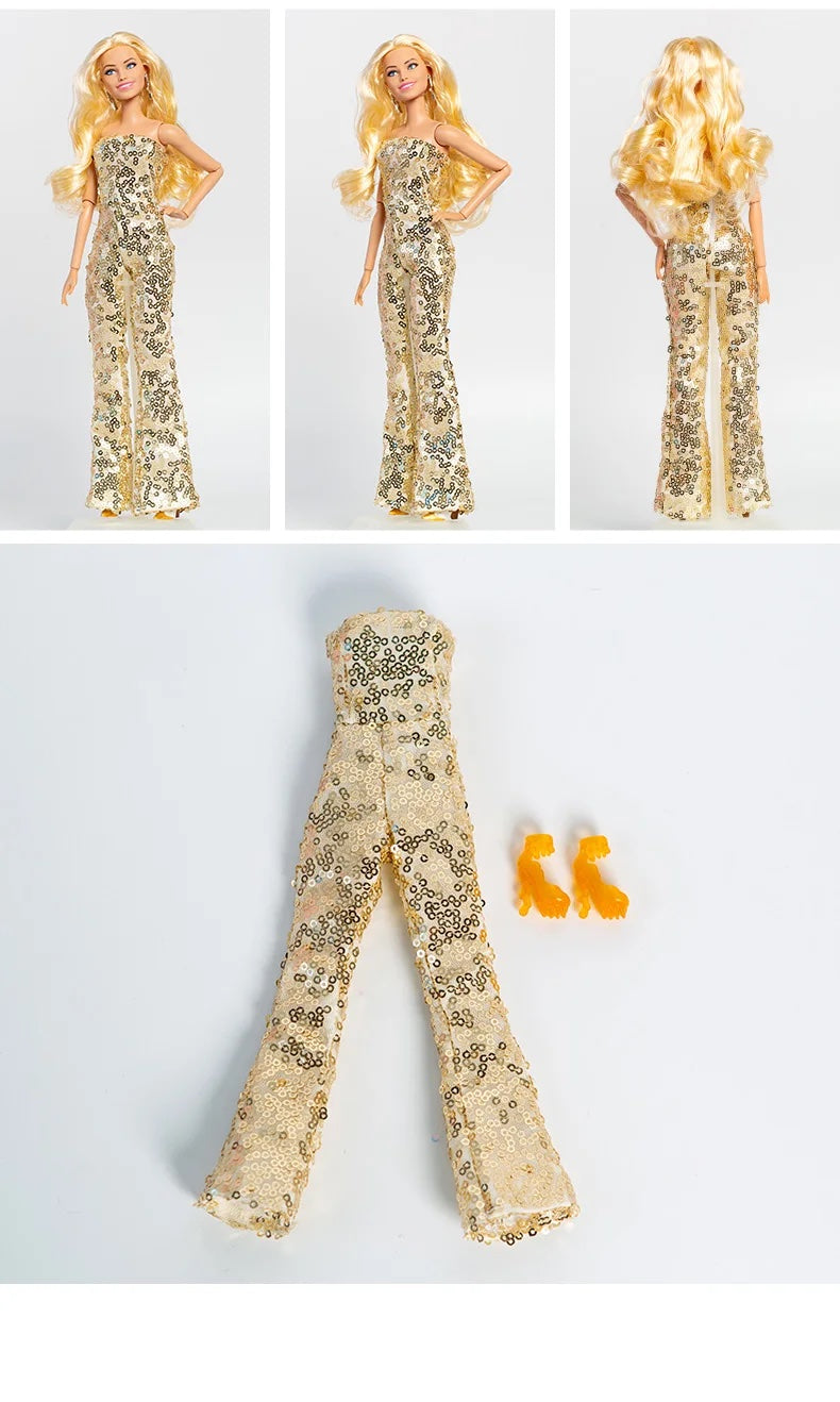 DOLLY® DOLL BARBIE CLOTHES SET BARBIE MOVIE MARGOT ROBBIE GOLD JUMPSUIT + SHOES  FOR 12 inch 30 cm 1/6 scale fashion dolls